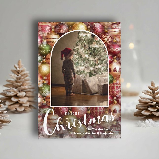 Tarjeta Festiva Modern Arched Photo on Christmas Baubles (Modern arched photo on Christmas ornaments holiday cards, PRINTED and/or INSTANT DOWNLOAD)