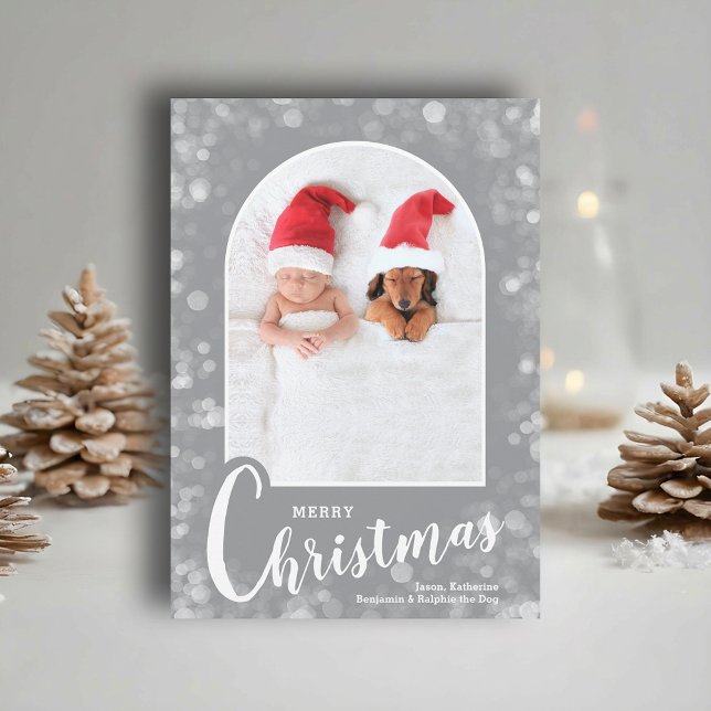 Tarjeta Festiva Modern Arched Photo on Grey Christmas (Modern arched photo on grey Merry Christmas holiday cards, PRINTED and/or INSTANT DOWNLOAD)