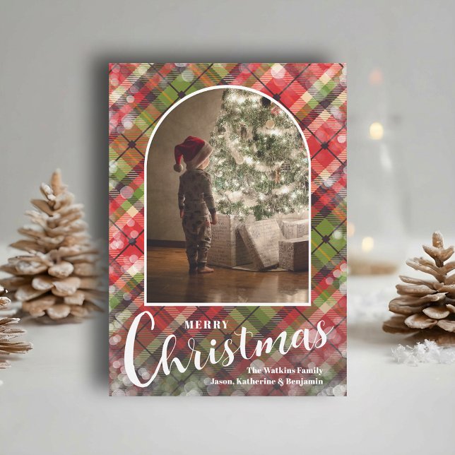 Tarjeta Festiva Modern Arched Photo on Plaid (Modern arched photo on Christmas plaid holiday cards, PRINTED and/or INSTANT DOWNLOAD)
