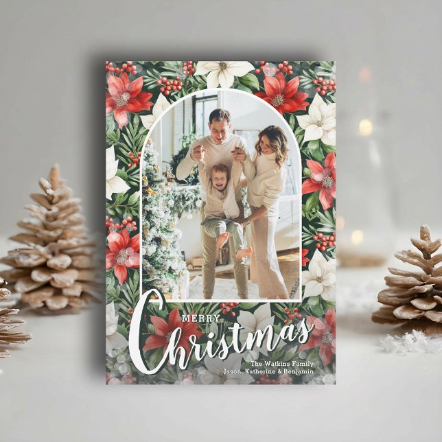 Tarjeta Festiva Modern Arched Photo on Poinsettias Christmas (Modern arched photo on poinsettia Merry Christmas holiday cards, PRINTED and/or INSTANT DOWNLOAD)