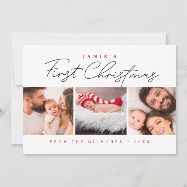 Tarjeta Festiva Modern Baby’s First Christmas 3 Photos Red white (Anverso)