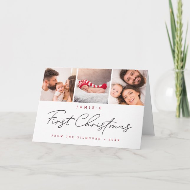 Tarjeta Festiva Modern Baby's First Christmas Custom 3 Photos (Anverso)