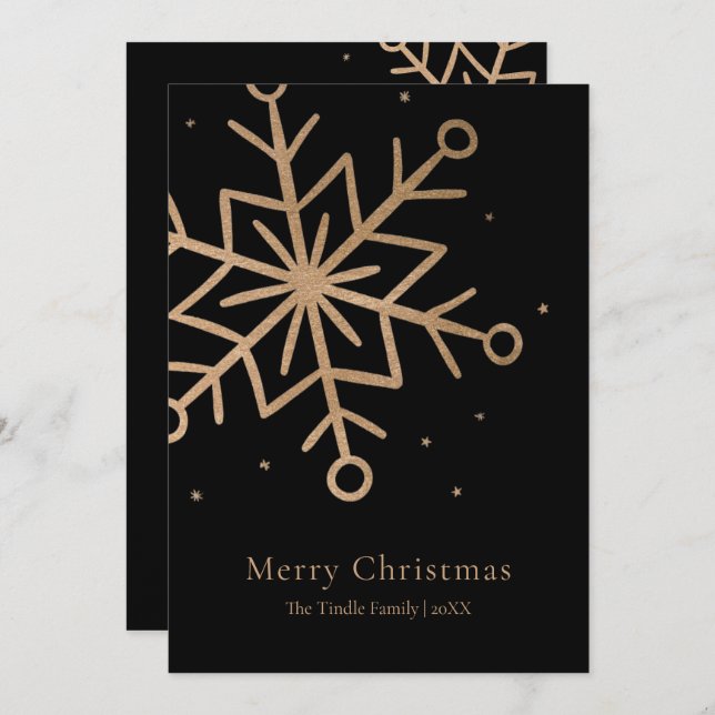 Tarjeta Festiva Modern Black Gold Snow Flake Script Christmas    (Anverso / Reverso)