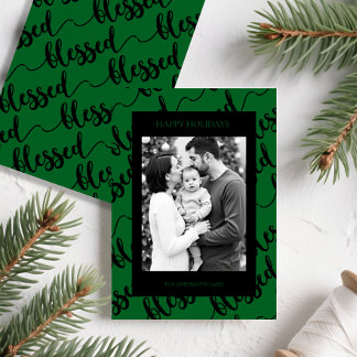 Tarjeta Festiva Modern Black & Green “Blessed” Script Photo