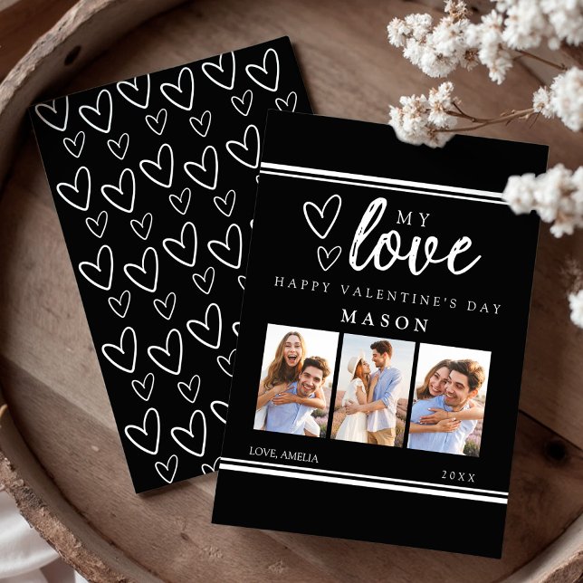 Tarjeta Festiva Modern Black Happy Valentine's Photo Collage Card (Modern Black and White Hand Drawn Hearts Photo Collage Happy Valentine's Day Card)