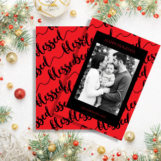 Tarjeta Festiva Modern Black & Red “Blessed” Script Photo