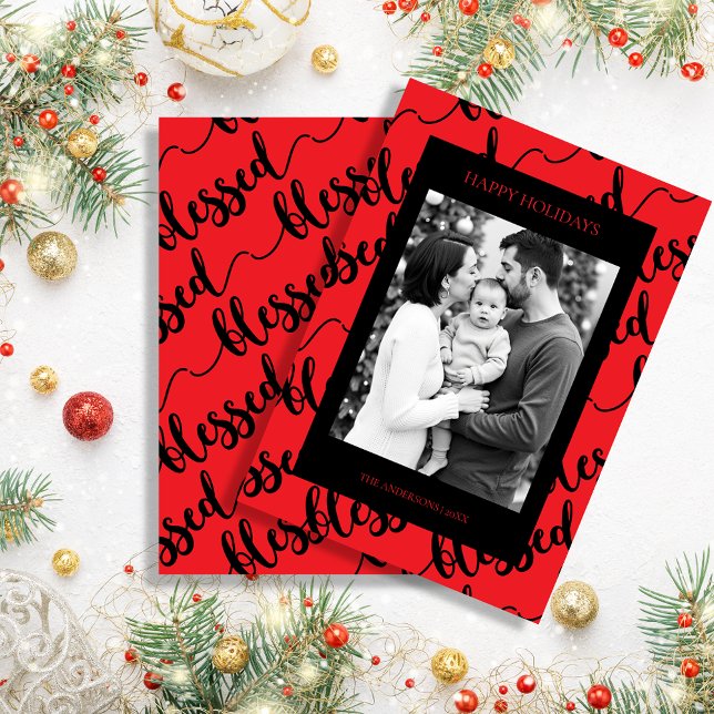 Tarjeta Festiva Modern Black & Red “Blessed” Script Photo (Modern Black & Red “Blessed” Script Photo Holiday Card)