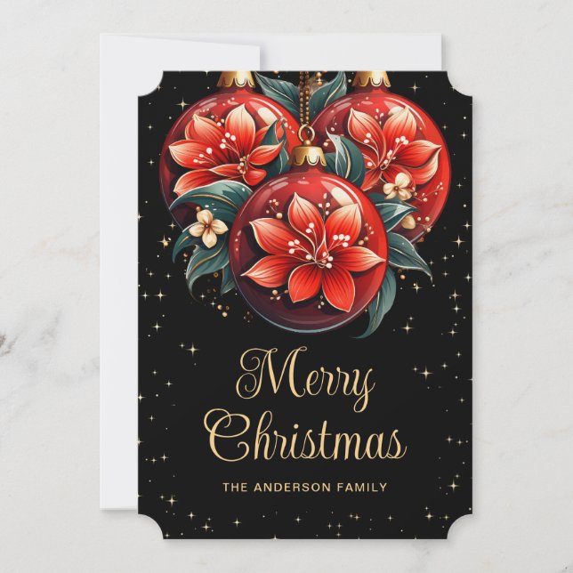 Tarjeta Festiva Modern Black Red Floral Ornaments Christmas Card (Anverso)
