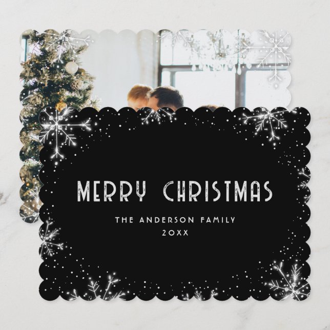 Tarjeta Festiva Modern Black Silver Snowflake Photo Christmas Card (Anverso / Reverso)