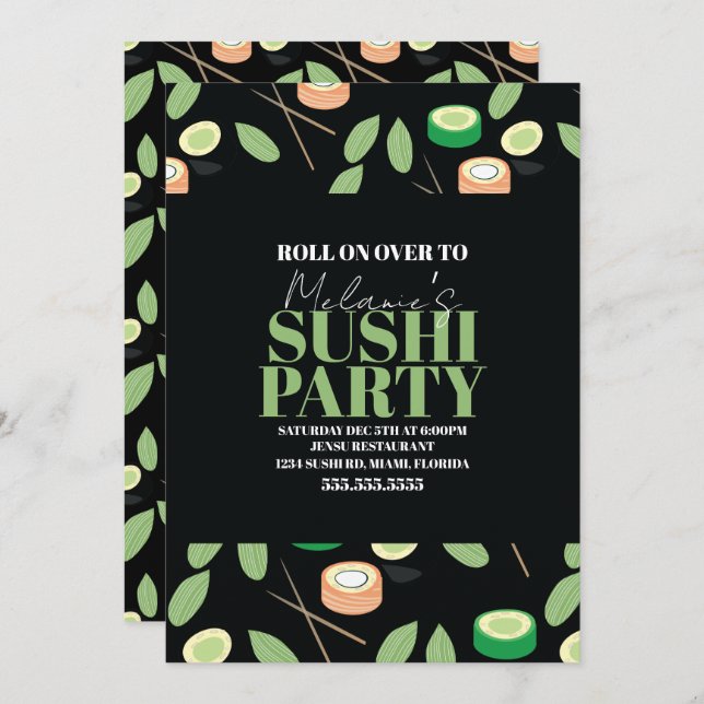 Tarjeta Festiva Modern Black Sushi Party Rolls Birthday Name (Anverso / Reverso)