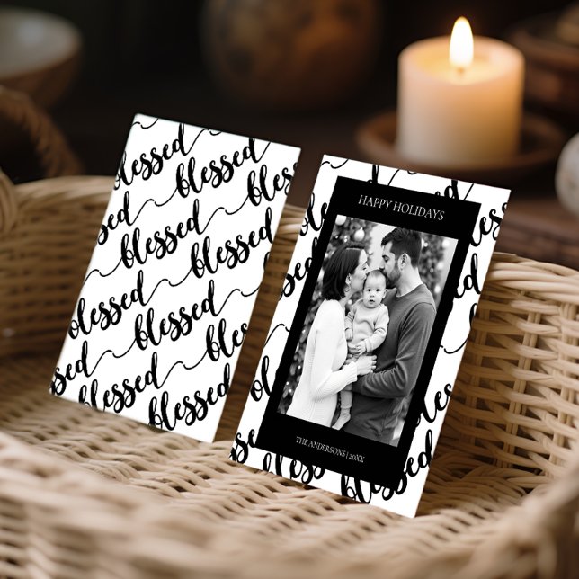 Tarjeta Festiva Modern Black & White “Blessed” Script Photo (Modern Black & White “Blessed” Script Photo Holiday Card)