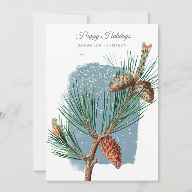 Tarjeta Festiva Modern Blue Winter Snow Pine Cone Christmas (Anverso)