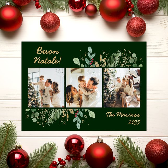 Tarjeta Festiva Modern Botanical Greenery Photo Buon Natale (Subido por el creador)