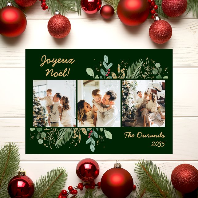 Tarjeta Festiva Modern Botanical Greenery Photo Joyeux Noel (Subido por el creador)