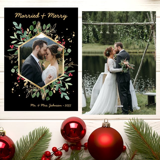 Tarjeta Festiva Modern Botanical Greenery Photo Married and Merry (Subido por el creador)