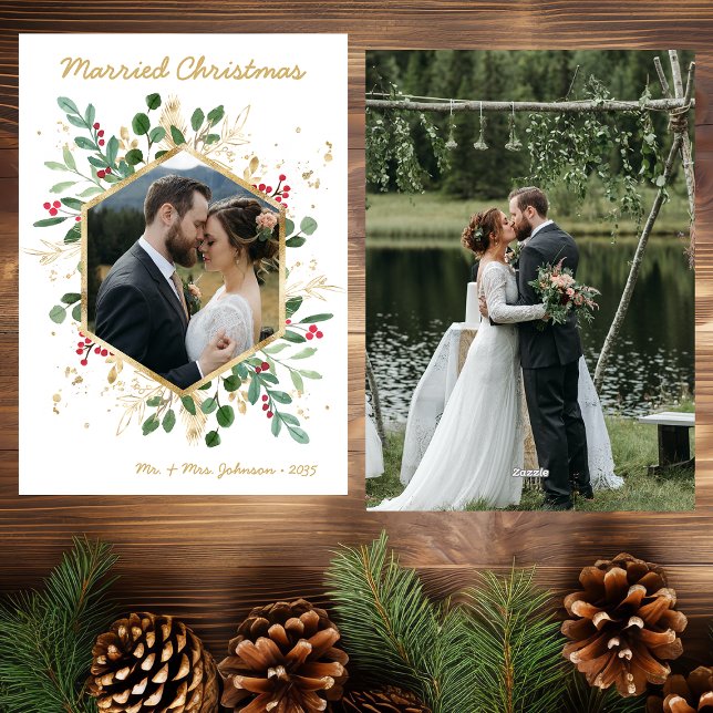 Tarjeta Festiva Modern Botanical Greenery Photo Married Christmas (Subido por el creador)