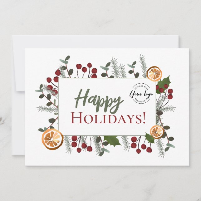 Tarjeta Festiva Modern Botanical Happy Holidays Business Logo xmas (Anverso)