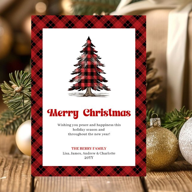 Tarjeta Festiva Modern Buffalo Plaid Christmas Tree Greeting Card (Send warm holiday wishes with this modern watercolor Christmas greeting card, featuring a red and bl)