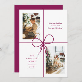 Tarjeta Festiva Modern Burgundy Ribbon Bow Wrap 2 Photo Christmas