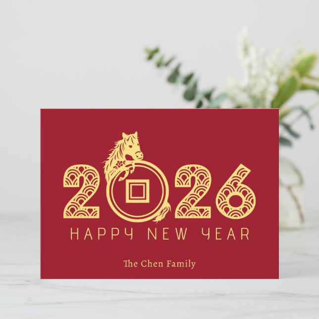 Tarjeta Festiva Modern Chinese Lunar New Year of Horse 2026 (Anverso de pie)