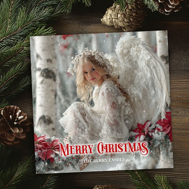 Tarjeta Festiva Modern Christmas angel red poinsettias seasonal  (Modern Christmas angel red poinsettias seasonal card)
