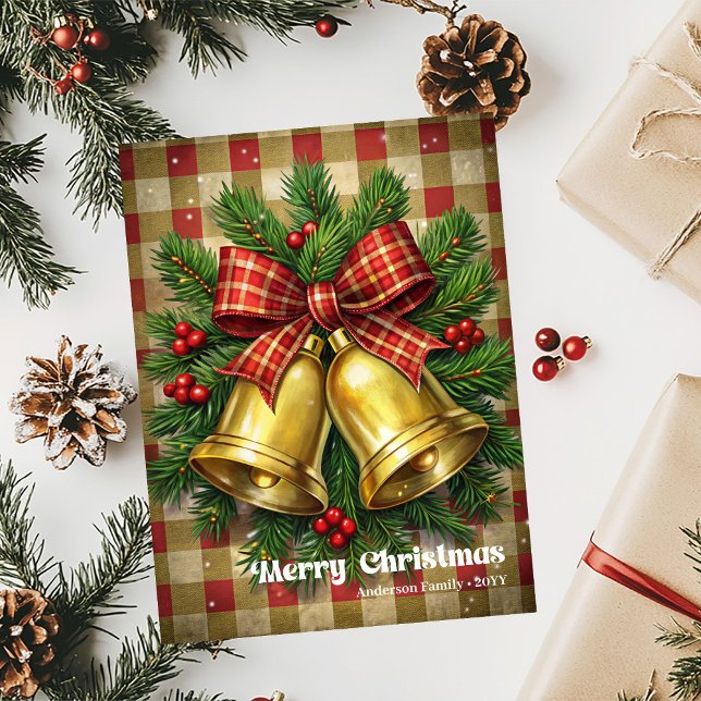 Tarjeta Festiva Modern Christmas bells holly wreath greeting desig (Modern Christmas bells holly wreath greeting desig Holiday Card)