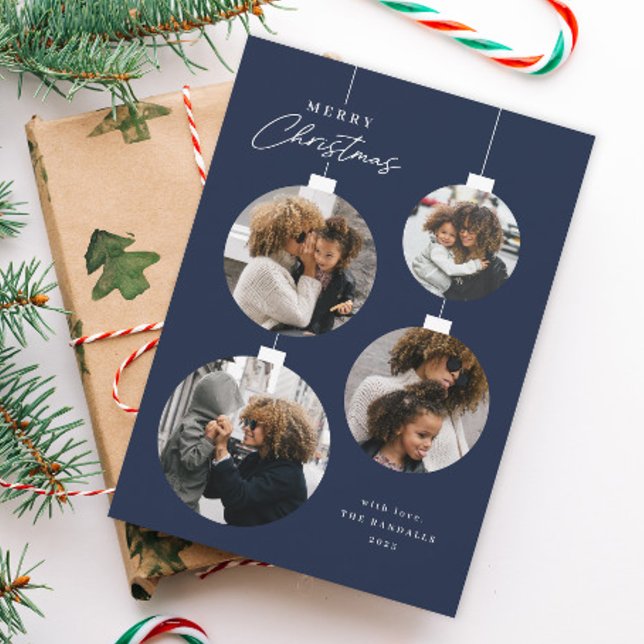 Tarjeta Festiva Modern Christmas Ornament 4 Photo (Blue and white 4 photo Christmas ornament holiday card.)