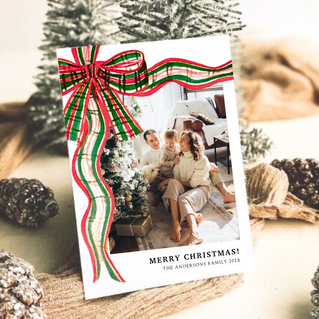 Tarjeta Festiva Modern Christmas Plaid Bow Family Photo  Holiday C (Modern Christmas Plaid Bow Family Photo Holiday C)