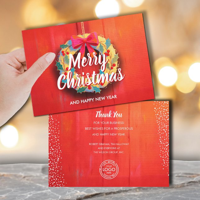 Tarjeta Festiva Modern Christmas Wreath Business Logo (Modern wreath Merry Christmas business logo greeting cards, PRINTED and/or INSTANT DOWNLOAD)