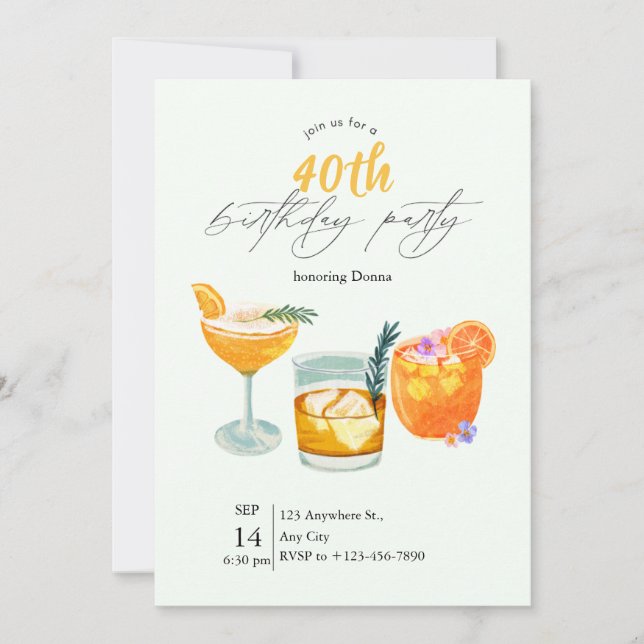 Tarjeta Festiva Modern Cocktail 40th Birthday Party Invitation (Anverso)