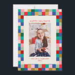 Tarjeta Festiva Modern Colorful Checkered Border Family Photo<br><div class="desc">Send festive cheer with this modern holiday photo card featuring a colorful checkered border in shades of red, green, pink, blue, and gold. The playful yet polished design is perfect for families who love bold color and contemporary style. All text is fully customizable, allowing you to personalize your greeting and...</div>