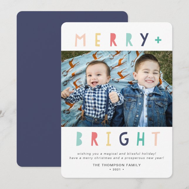 Tarjeta Festiva Modern Colorful Merry and Bright Photo (Anverso / Reverso)
