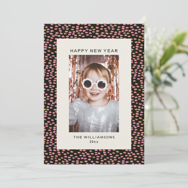 Tarjeta Festiva Modern Confetti Dots Festive New Year (Anverso de pie)