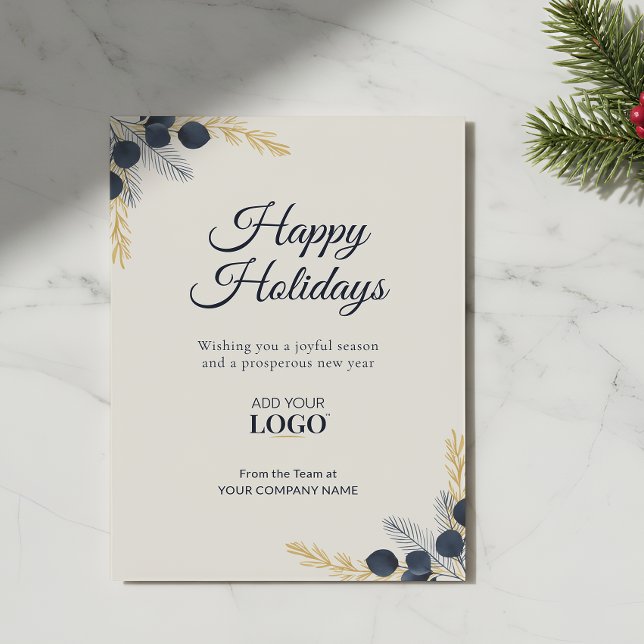 Tarjeta Festiva Modern Corporate Holiday Eucalyptus Navy & Gold (Subido por el creador)