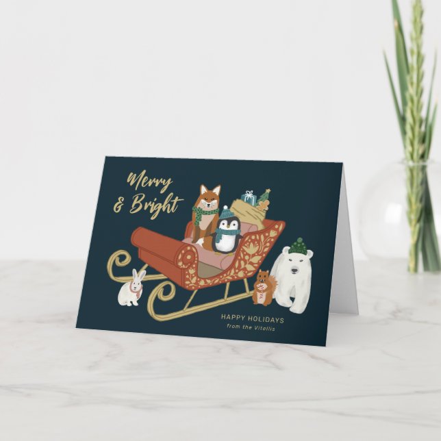 Tarjeta Festiva Modern Cute Animal Friends and Sleigh Christmas (Anverso)