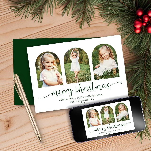 Tarjeta Festiva Modern Dark Green Arch 3 Navidades de fotografía (Modern Dark Green Arch 3 Photo Christmas Holiday Card)