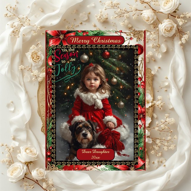Tarjeta Festiva Modern Daughter Floral Christmas Frame 5 Photos (Modern Daughter Floral Christmas Frame 5 Photos Holiday Card)