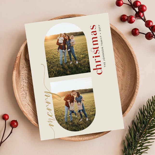 Tarjeta Festiva Modern Elegant Arched Family Photo Christmas (Subido por el creador)
