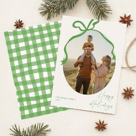Tarjeta Festiva Modern Elegant Family Photo Green Bow Christmas