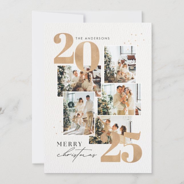 Tarjeta Festiva Modern Elegant Gold Five Photo Collage Christmas (Anverso)