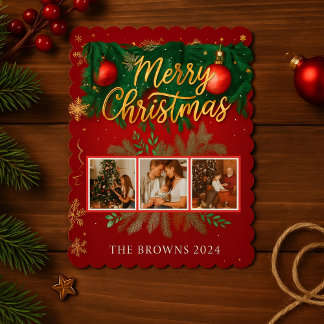 Tarjeta Festiva Modern Elegant Red Gold Christmas Family Photo