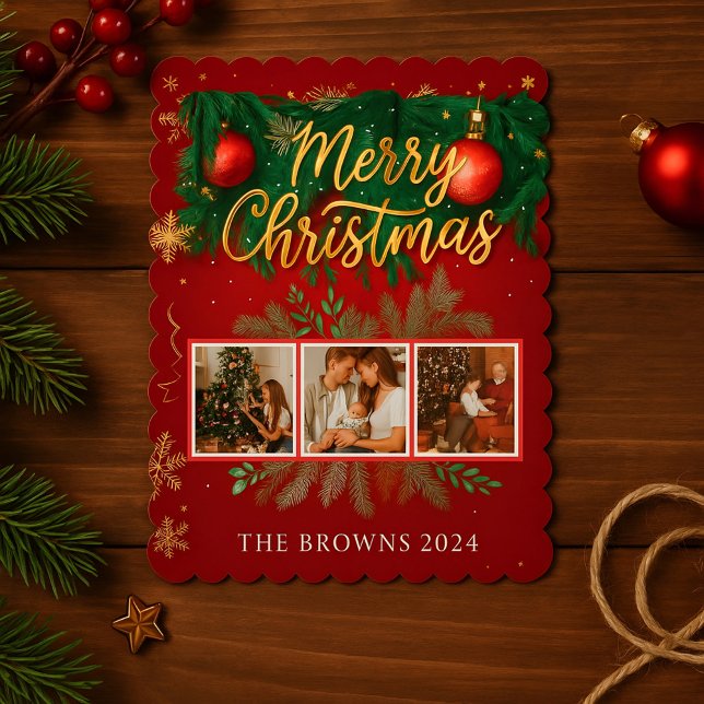Tarjeta Festiva Modern Elegant Red Gold Christmas Family Photo (Custom Family Photos For a Mary Christmas 🎁🎄)