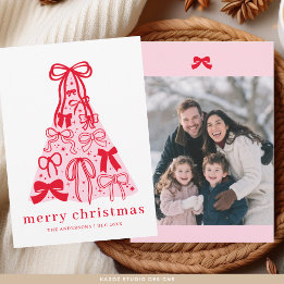 Tarjeta Festiva Modern Family Photo Merry Pink Red Bow