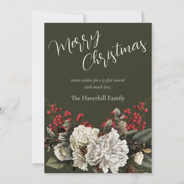 Tarjeta Festiva Modern Floral Christmas Elegant Script Family Name (Anverso)