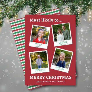 Tarjeta Festiva Modern Funny Family Photos Red Green Check Holiday