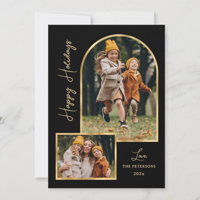 Tarjeta Festiva Modern Gold Arch 3 Photo Black Happy Holiday Card (Anverso)