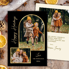 Tarjeta Festiva Modern Gold Arch 3 Photo Black Happy Holiday Card