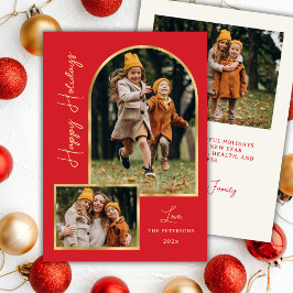 Tarjeta Festiva Modern Gold Arch 3 Photo Red Happy Holiday Card