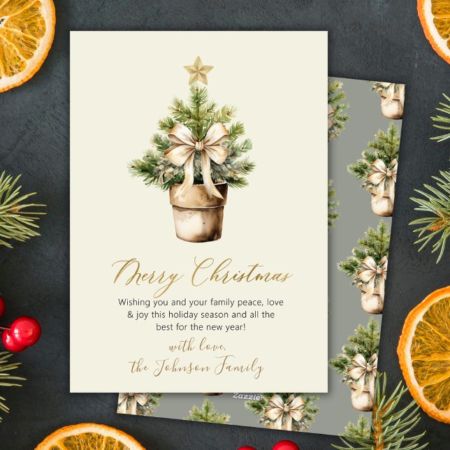 Tarjeta Festiva Modern Gold Bow Neutral Watercolor Christmas (Subido por el creador)