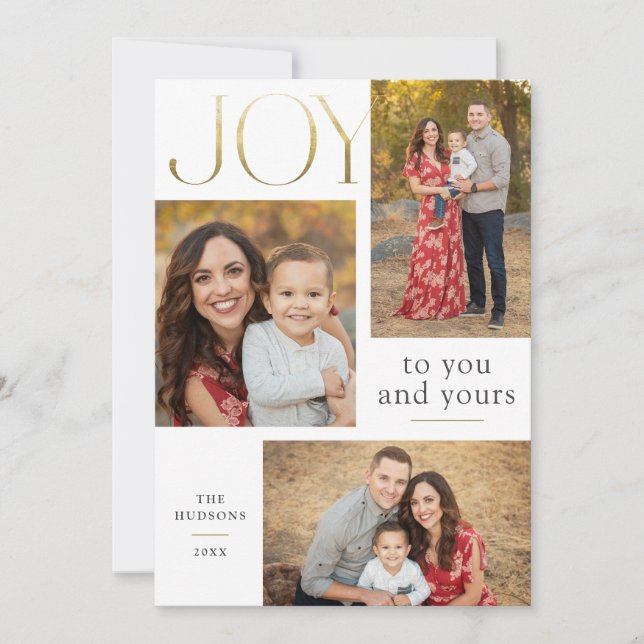 Tarjeta Festiva Modern Gold Joy Calligraphy Multi-Photo Flat (Anverso)